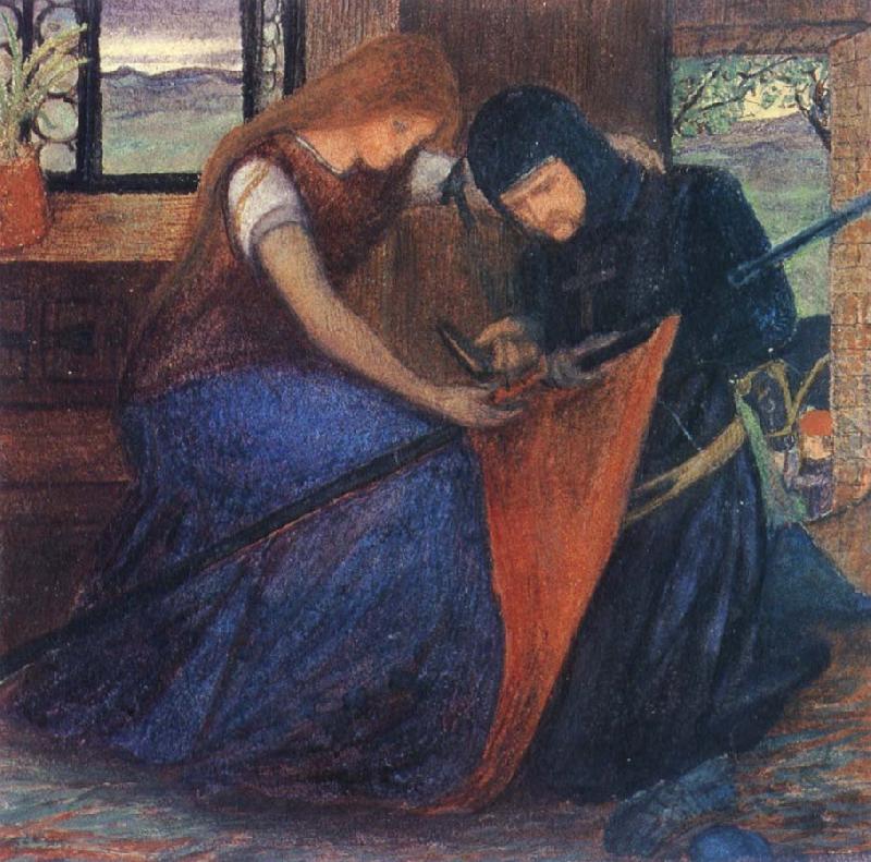 Lady Affixing pennant to a knight-s spear, unknow artist